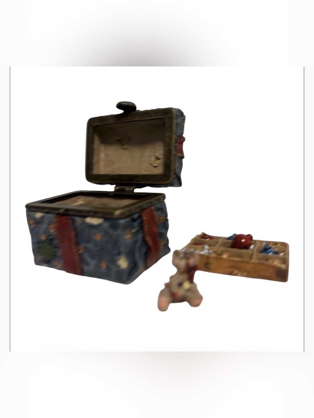 Boyds Bears Blue and Red Ceramic Toy Trunk Trinket Box with Accessories